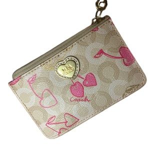 Coach Tan/Pink Waverly Cherry Hearts ID Wristlet Wallet
